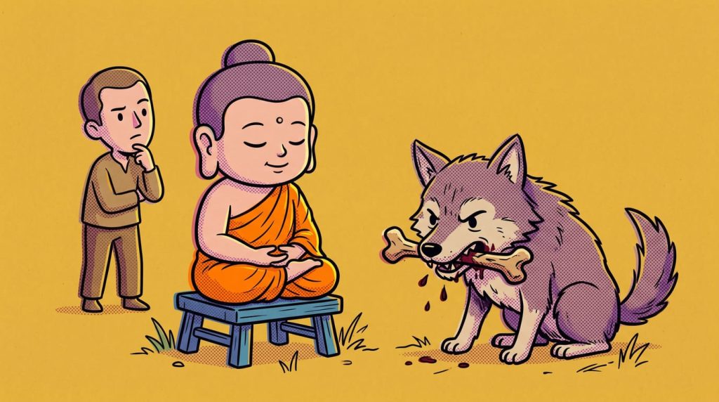 A stark image to awaken insight is this: chasing sensual pleasure is like a starving wolf relentlessly gnawing on a dry bone with no meat left—endlessly chewing, yet never truly satisfied.